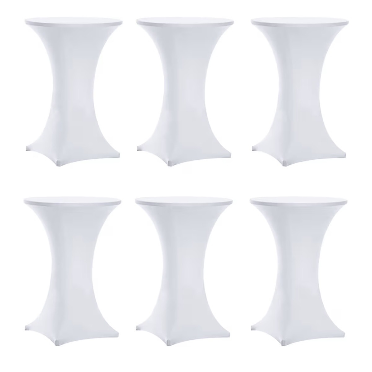 Six white-covered cocktail tables