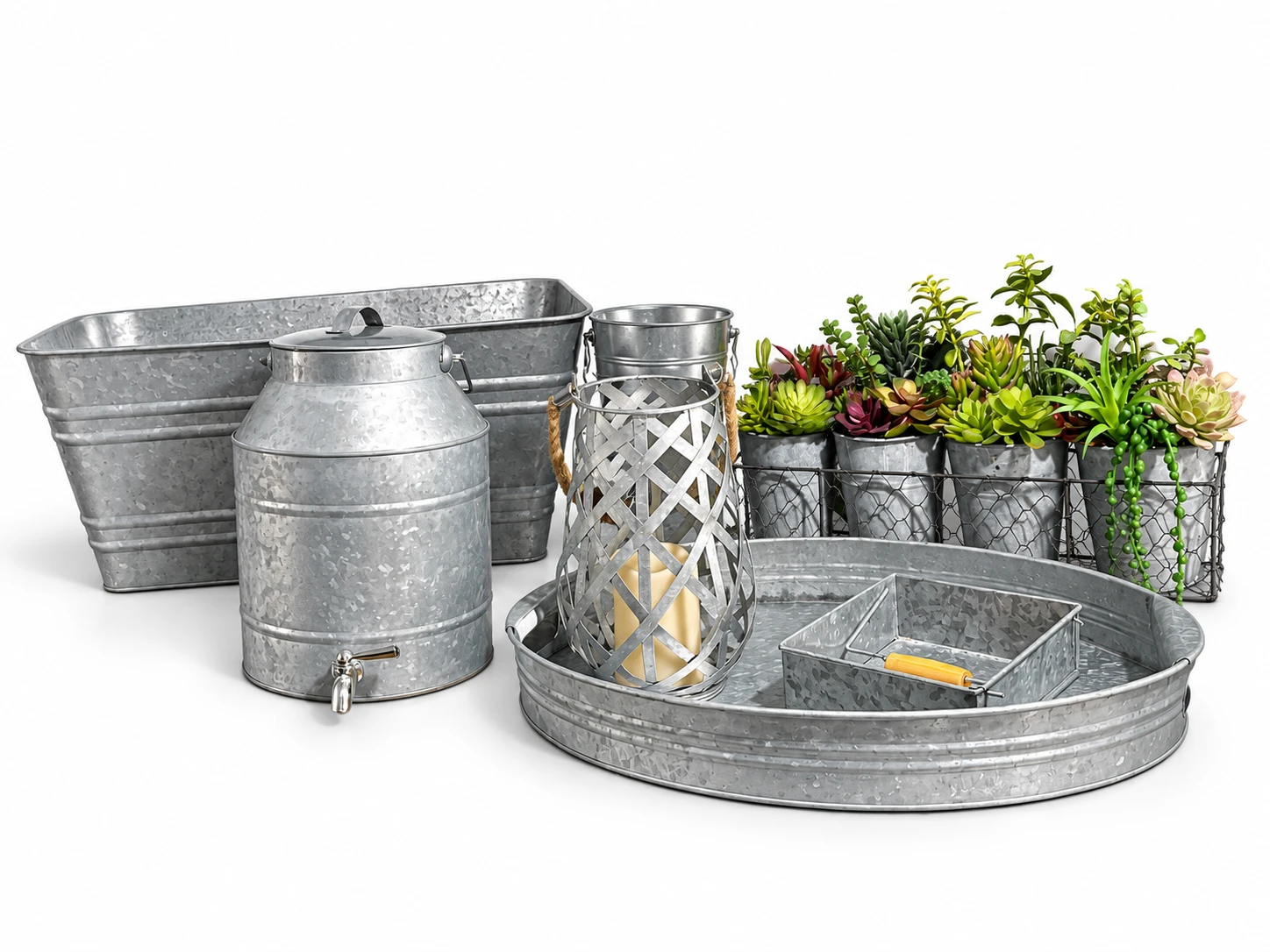 Galvanized drink dispenser, beverage tub, serving tray, utensil caddy, lantern, small bucket and succulent display on a white background