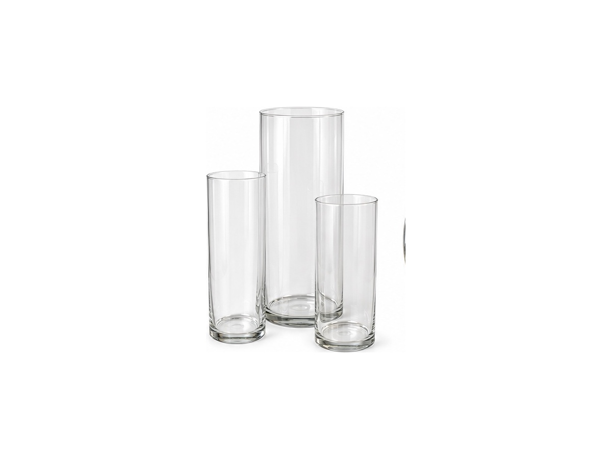 Three clear glass cylinder vases in different heights