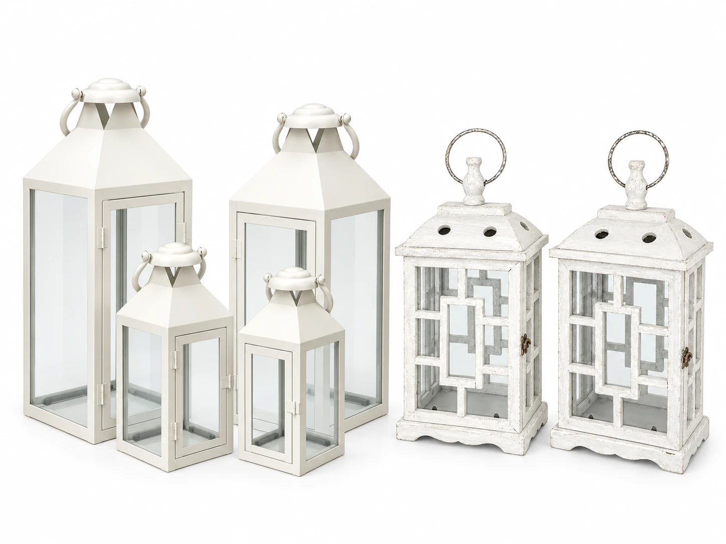 White metal lanterns and distressed white wooden lanterns together on a white background