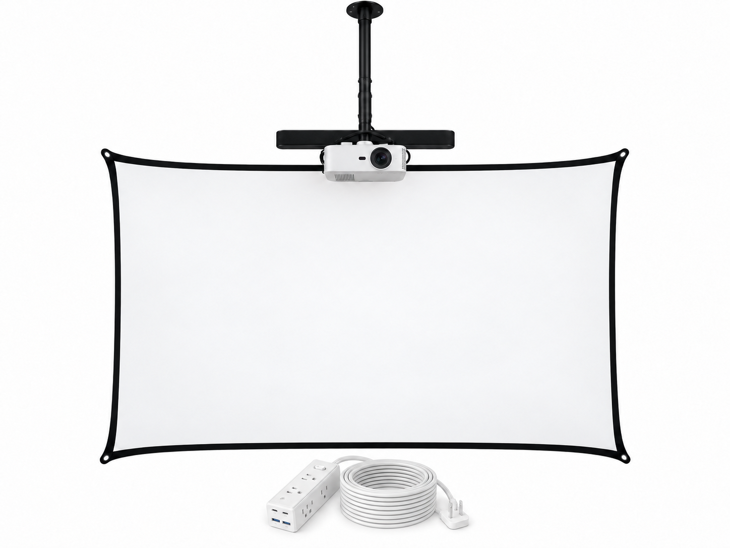 Projector, soundbar, telescoping ceiling-mount pole, 110-inch screen and white power strip with extension cord on a white background