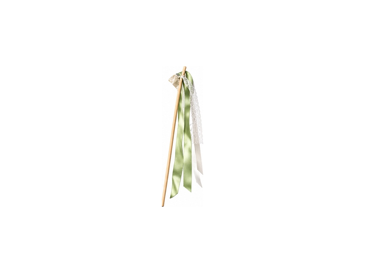 Wooden ribbon yard stake with green, white and lace ribbons